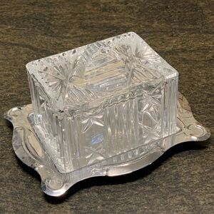 VINTAGE | Cut Crystal Glass Rectangular Butter Dish With Silver Tone Plate